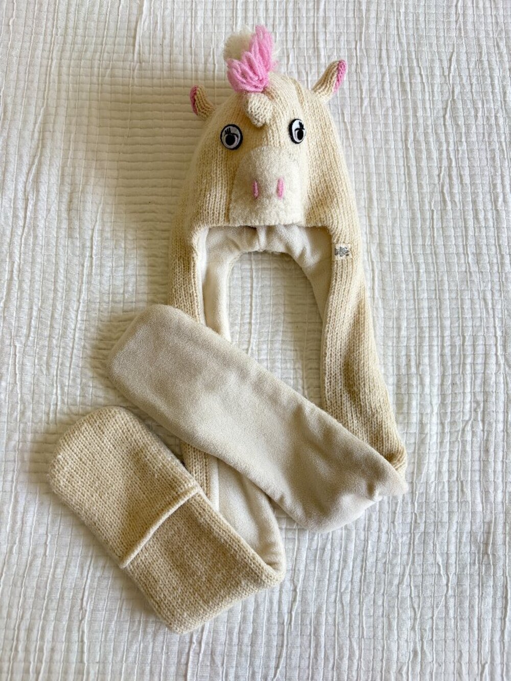 Nirvana Designs Unicorn Hat Scarf Mitten Hand Knit Wool Fleece Lined Nepal Kids